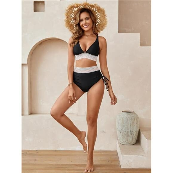 Colorful Striped Bikini Set High Waisted Ruched Tie Side Two Piece Swimwear - Picture 6 of 7